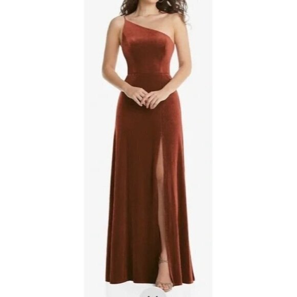 After Six NWT One Shoulder Velvet Maxi Pocket Auburn Moon Dress Size 24 - Picture 7 of 7